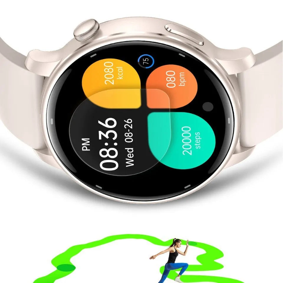 Smart watch with AMOLED screen on black rubber band showing fitness tracking features