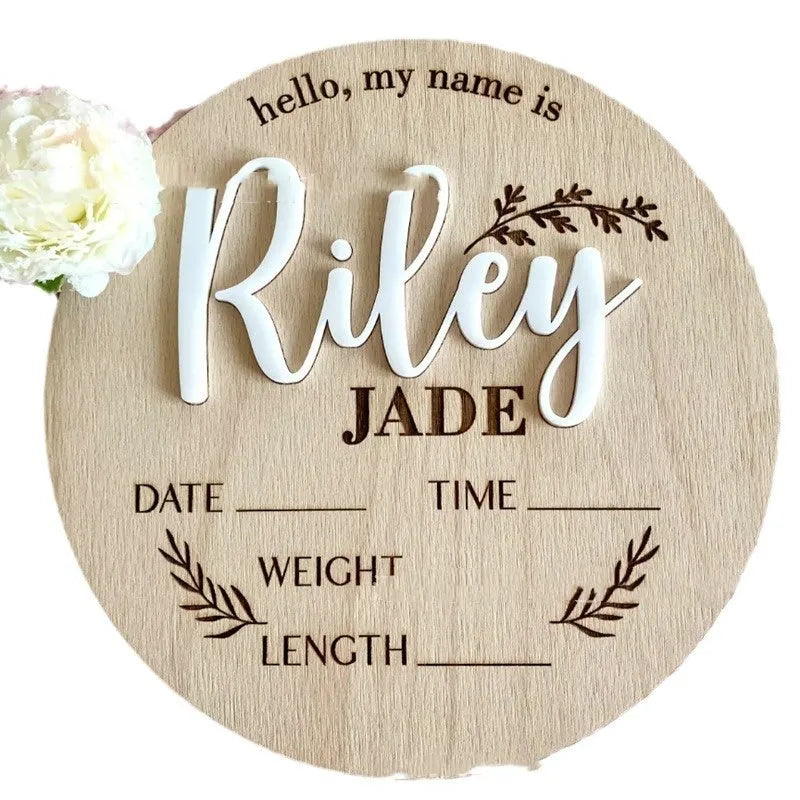 Square plywood newborn name label for birth announcements, 15x15cm, showing three style options.