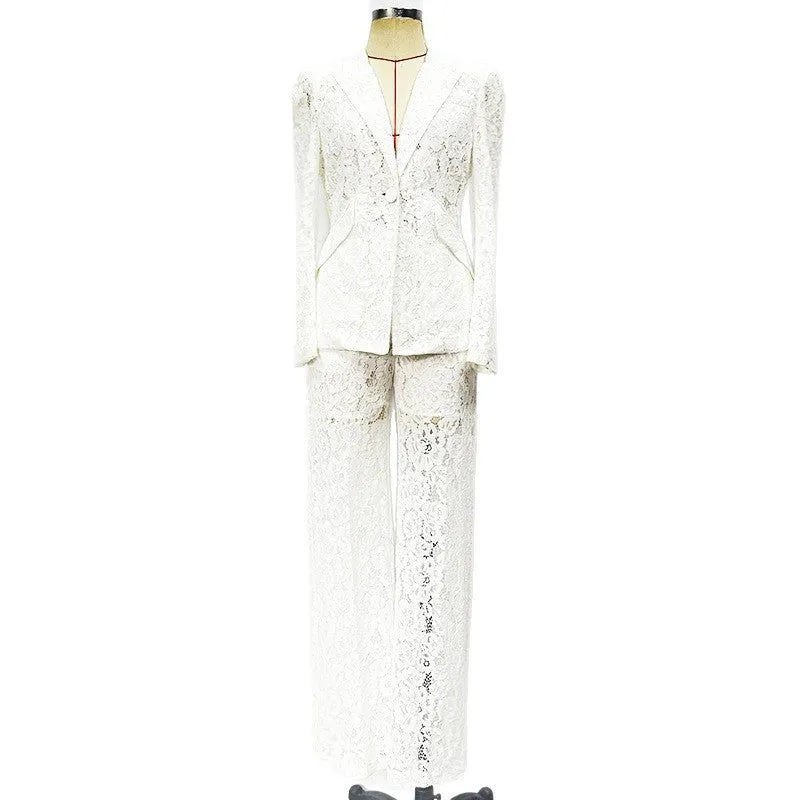 Women's solid colour polyester two-piece suit with long-sleeve button top and slim-fit straight-leg trousers in black and white