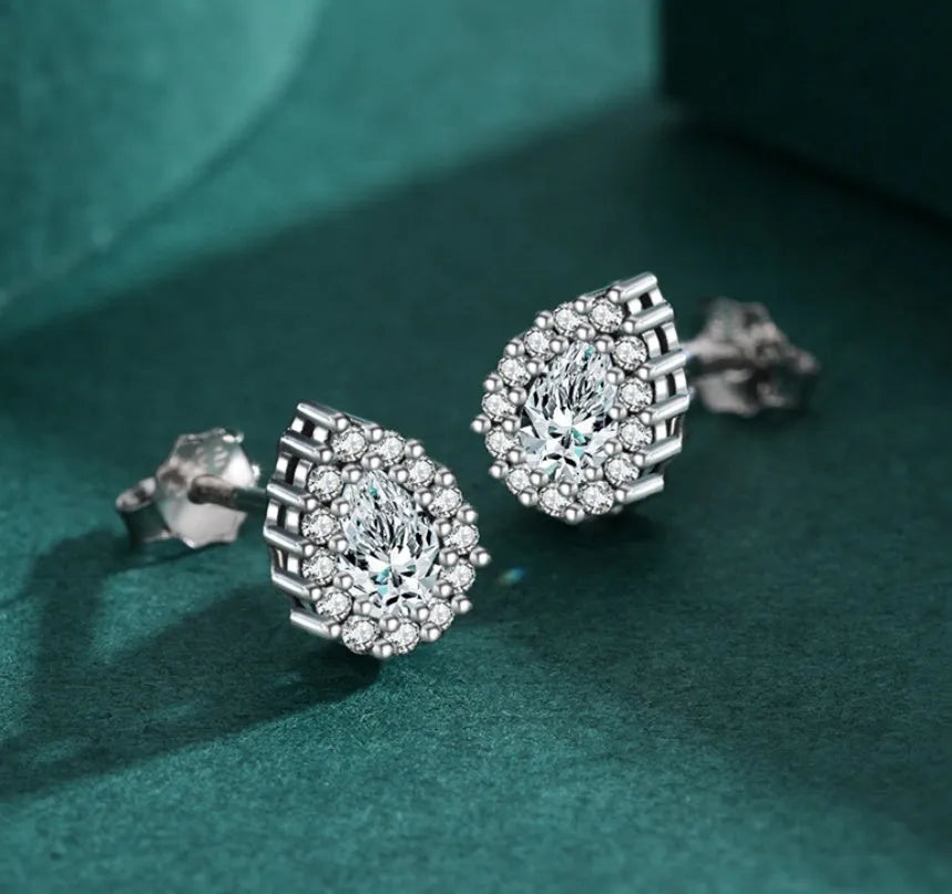 Women's silver water drop ear studs with diamond treatment on 925 sterling silver