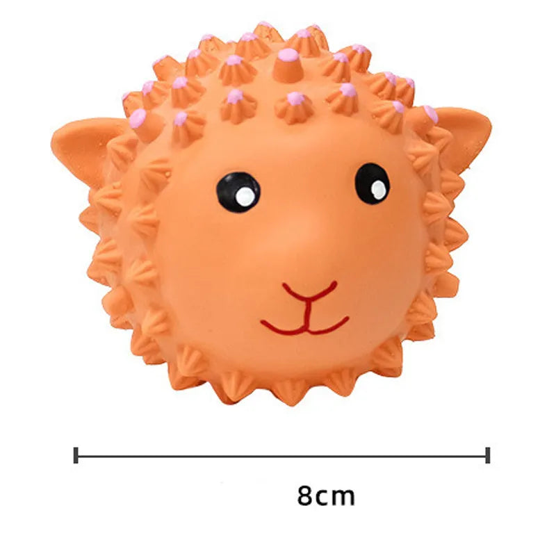 Set of four spiky orange and yellow latex squeaky animal dog toys for fetch and teeth cleaning.