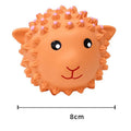 Set of four spiky orange and yellow latex squeaky animal dog toys for fetch and teeth cleaning.