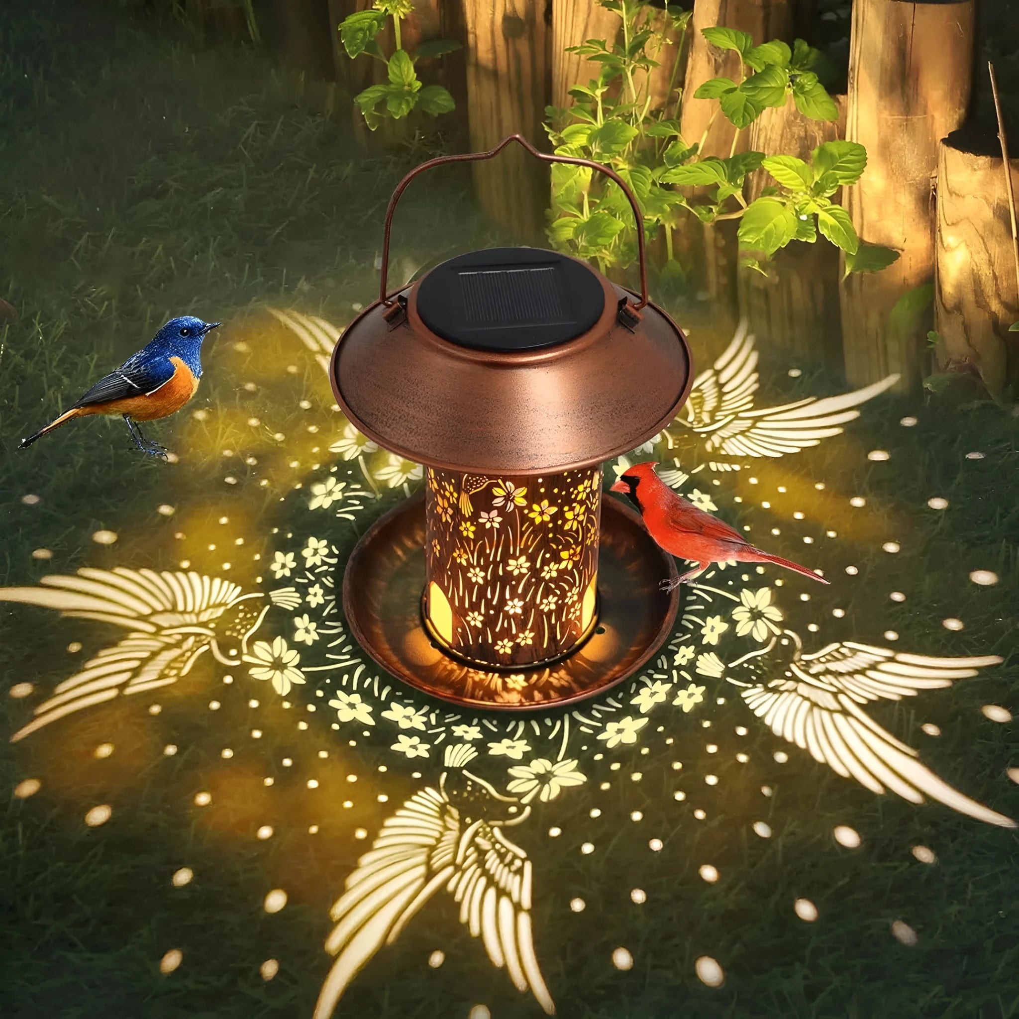 Solar-powered iron art bird feeder lamp with hummingbird pattern for outdoor garden lighting