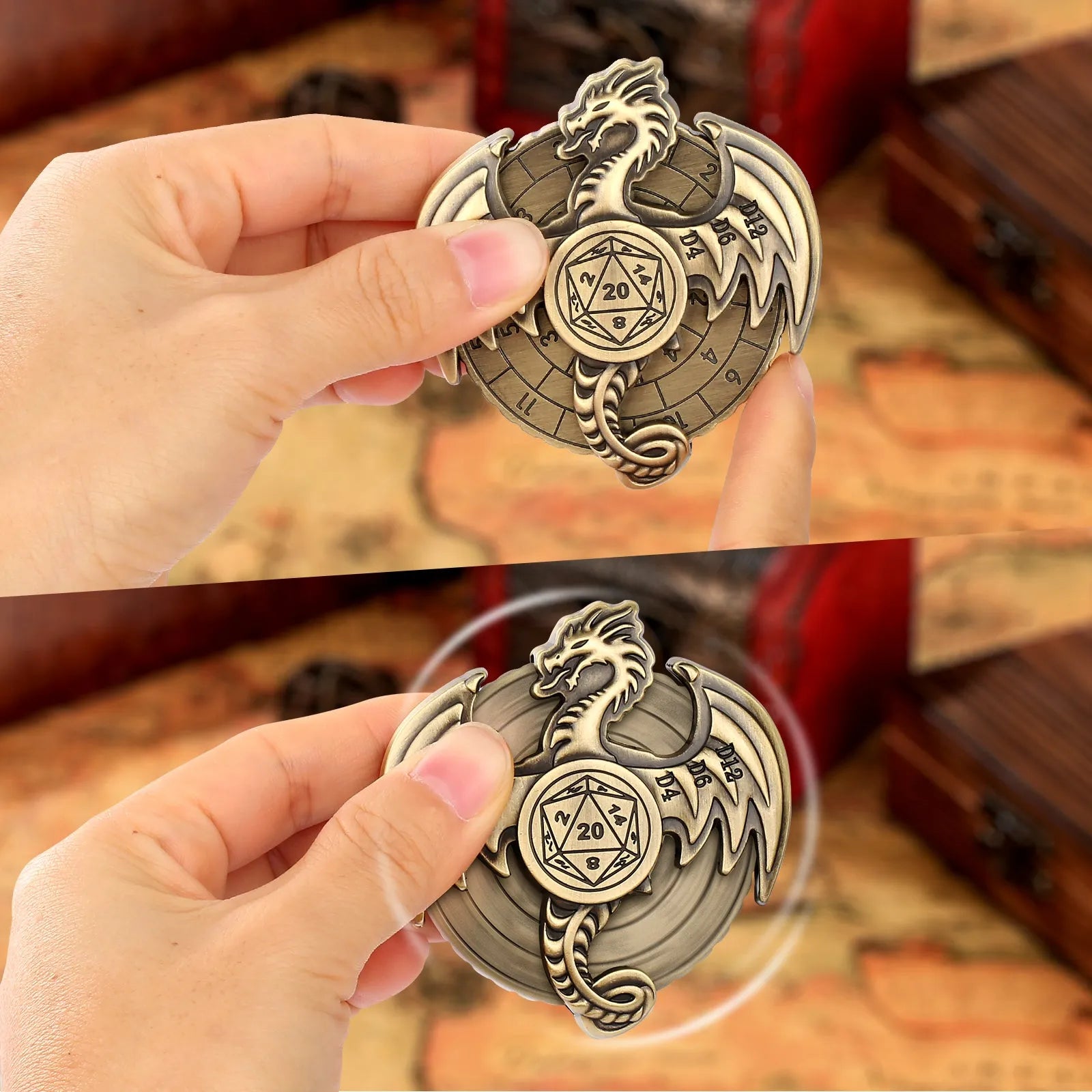 Retro metal fantasy style wings dice wheel with mechanical rotation in bronze finish
