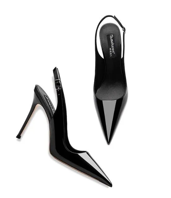 Women's nude soft leather ankle-strap high heels with hollow heel design and button closure