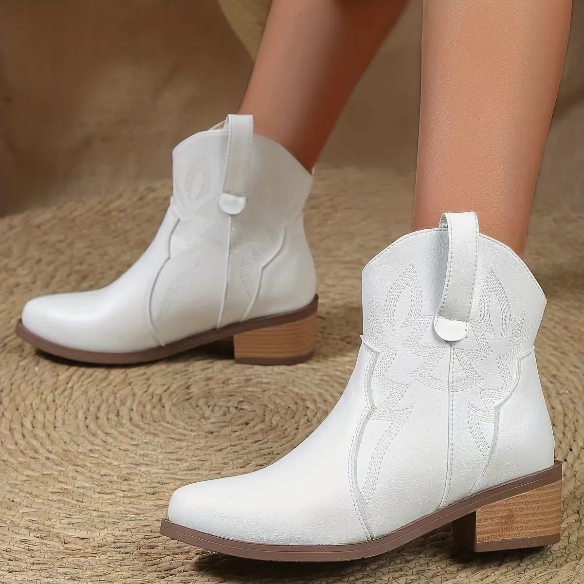 Women's round toe wedge boots in black, white or cow print, sizes 36-42, artificial PU upper, rubber sole
