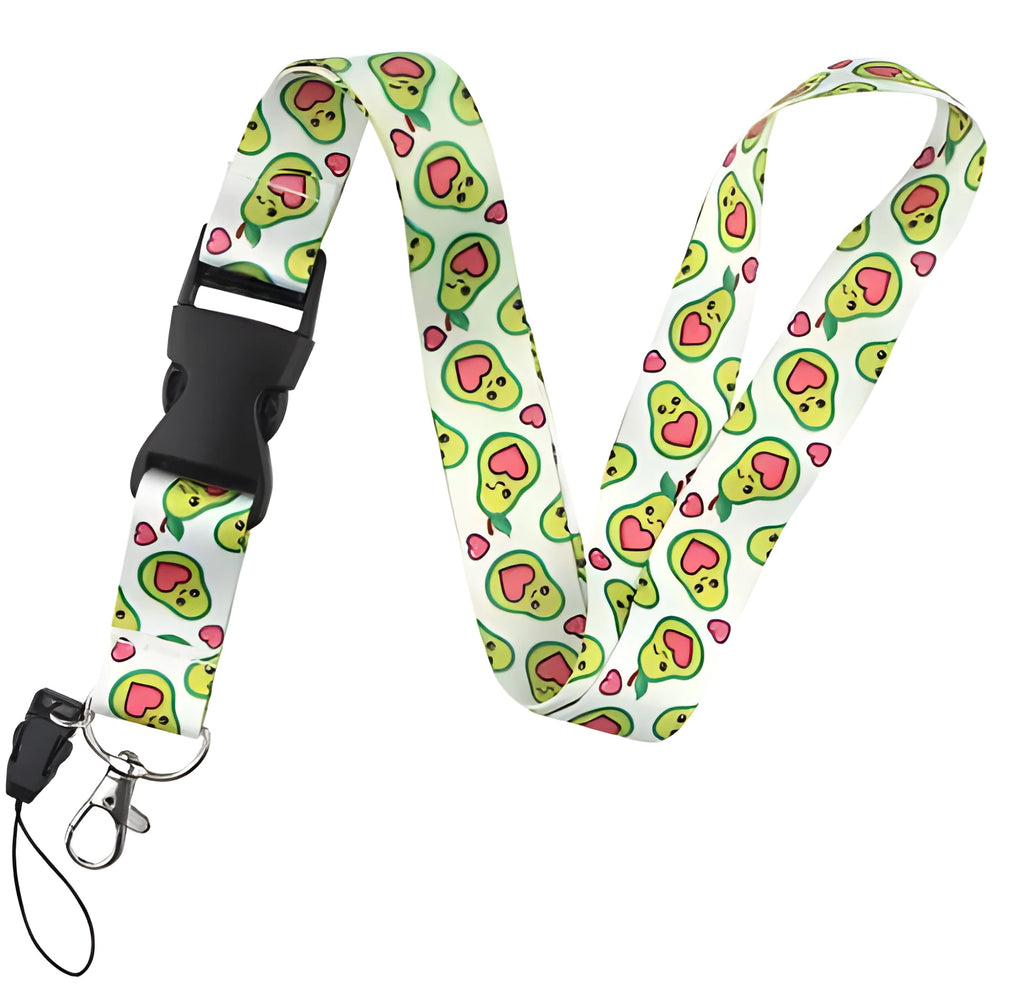 Fruit avocado cartoon design printed on both sides of 2.5cm wide polyester lanyard with plastic buckle