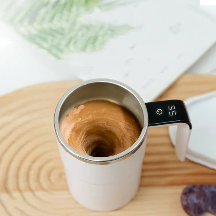 Black or white electric automatic stirring coffee mug with LCD screen and USB charging cable