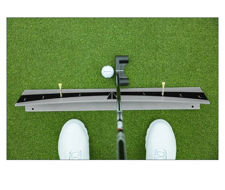 Golf putter trajectory balance simulator with adjustable push rod on a green putting mat