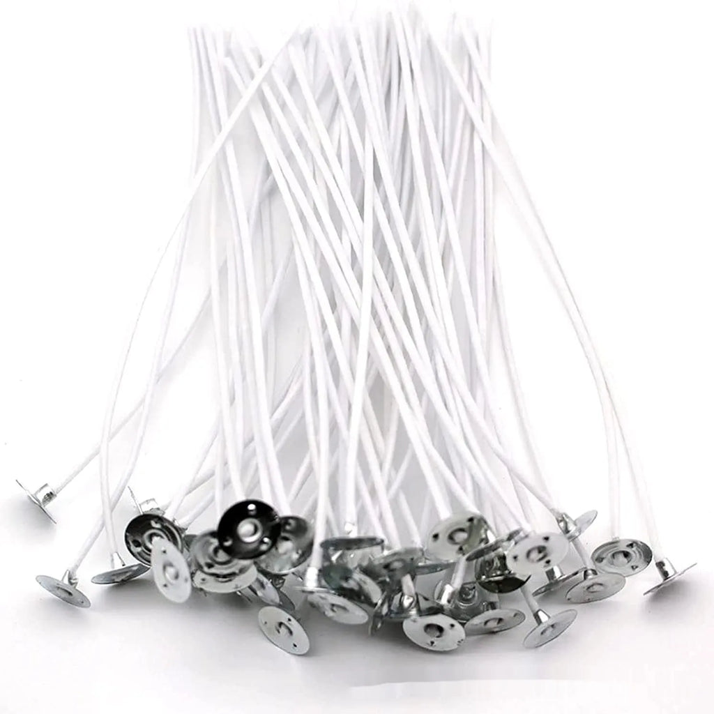White cotton candle wicks showing tightly woven construction in three lengths: 2.6cm, 6cm, and 8cm