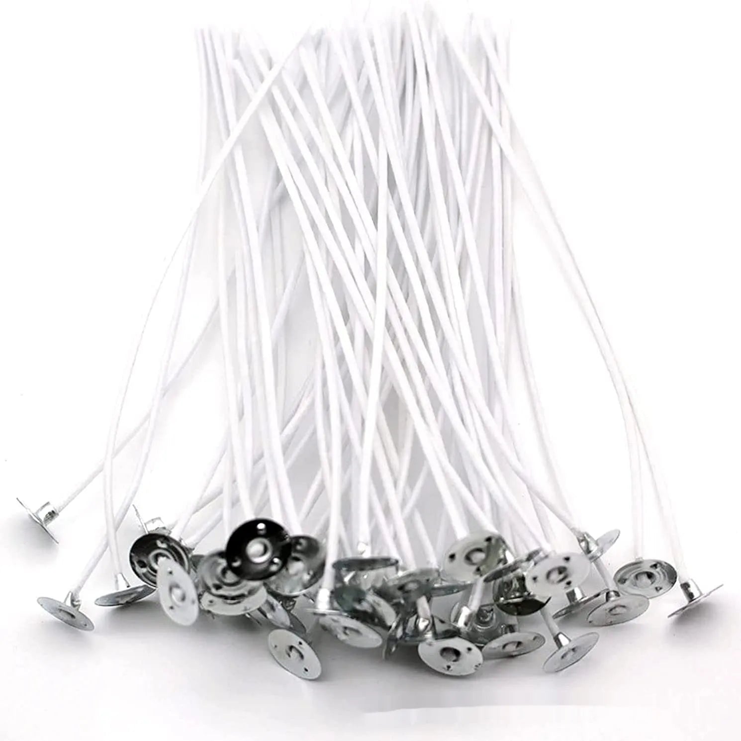 White cotton candle wicks showing tightly woven construction in three lengths: 2.6cm, 6cm, and 8cm