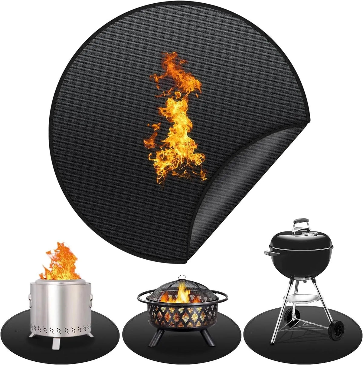 Black round fireproof barbecue mat, oil resistant and high temperature resistant, for camping and grilling, available in four sizes.