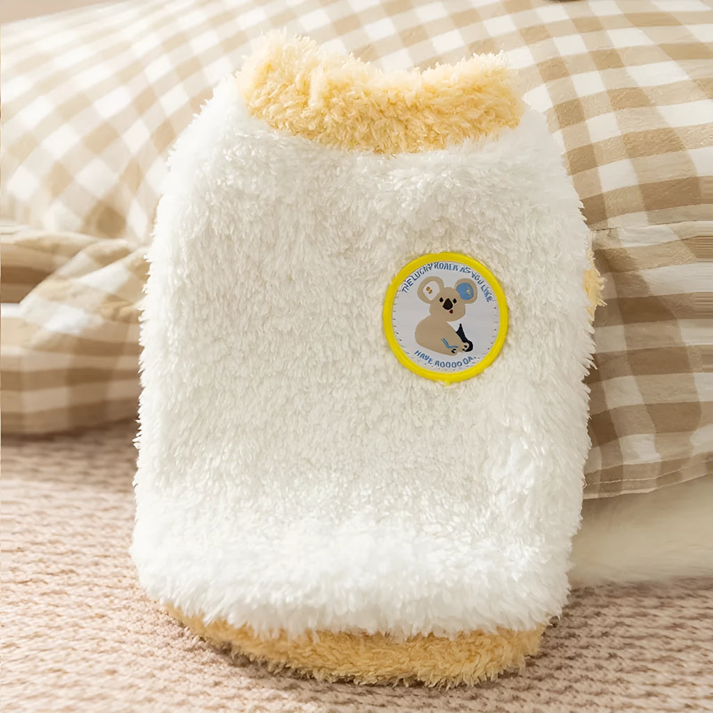 Yellow two-legged fleece pet coat with koala patch for small dogs and cats, sizes XS to XXL.