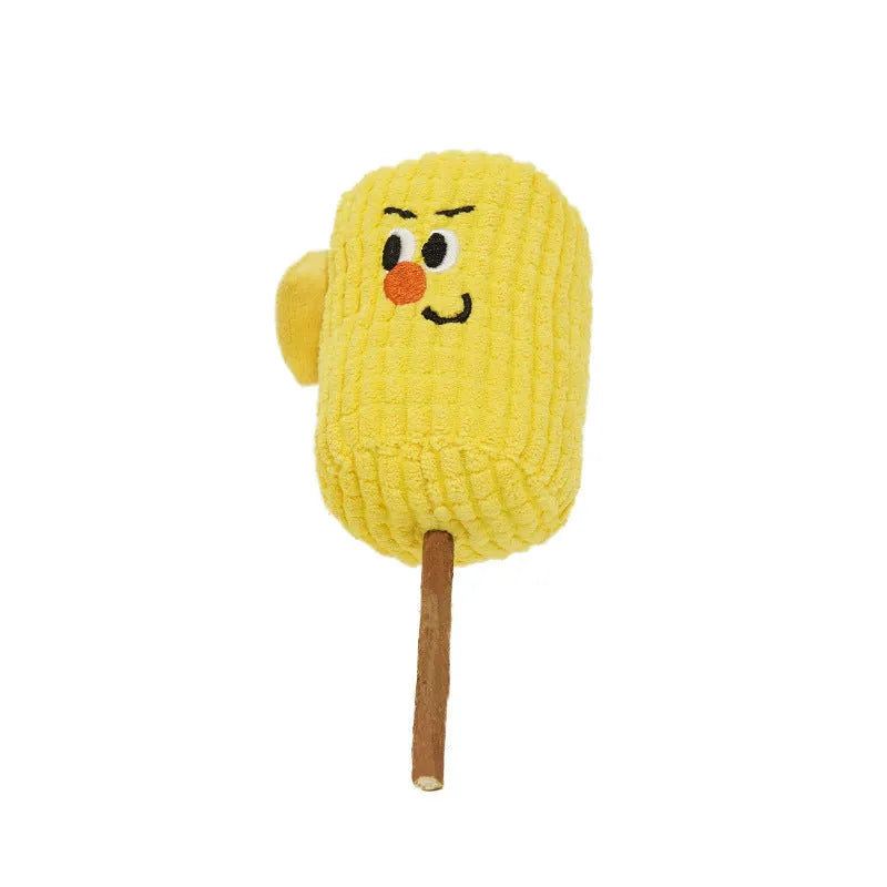 Natural wood corn cob shaped cat chew toy for dental health, measuring 15cm long with textured surface