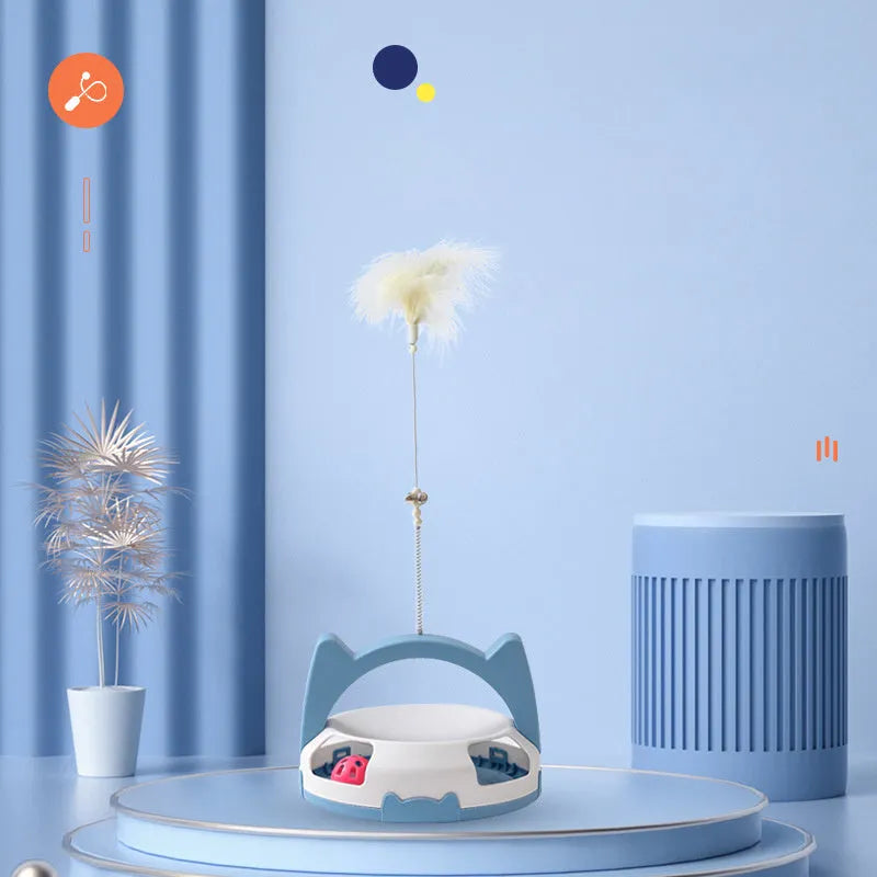 Bite resistant cat stick toy with a coloured spinning ball for interactive indoor play.