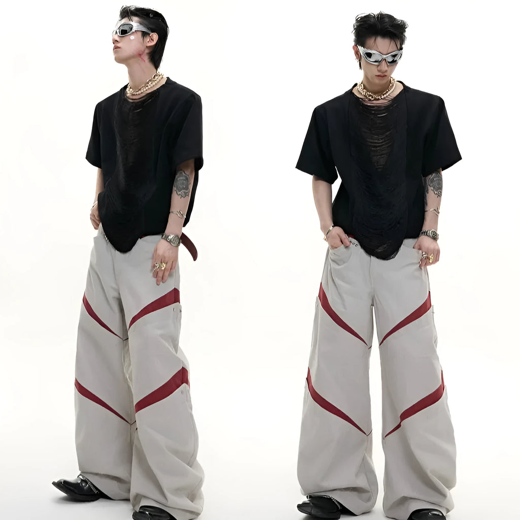 Black men's loose V-neck short sleeve t-shirt with tassel detail on solid polyester fabric.
