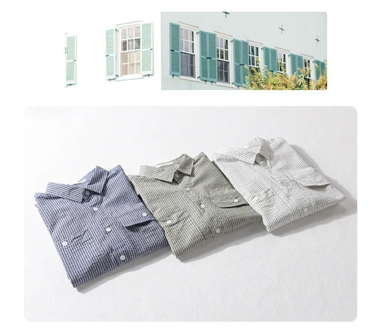 Men's short sleeve loose fit cotton shirt in white, green, and blue for summer