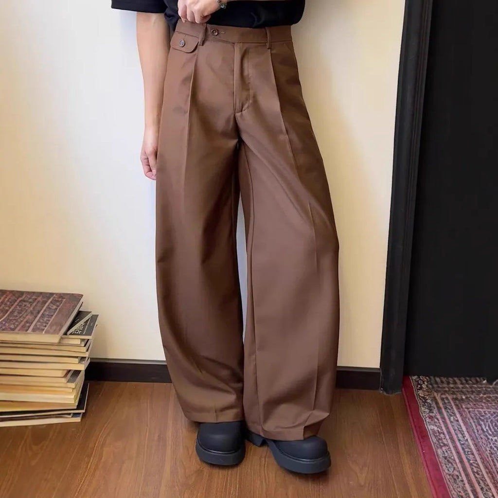 Men's brown straight-leg wide trousers with casual draping design