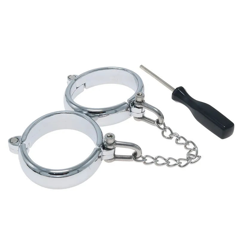 Silver handcuffs and footcuffs set made from zinc alloy with stainless steel fastenings