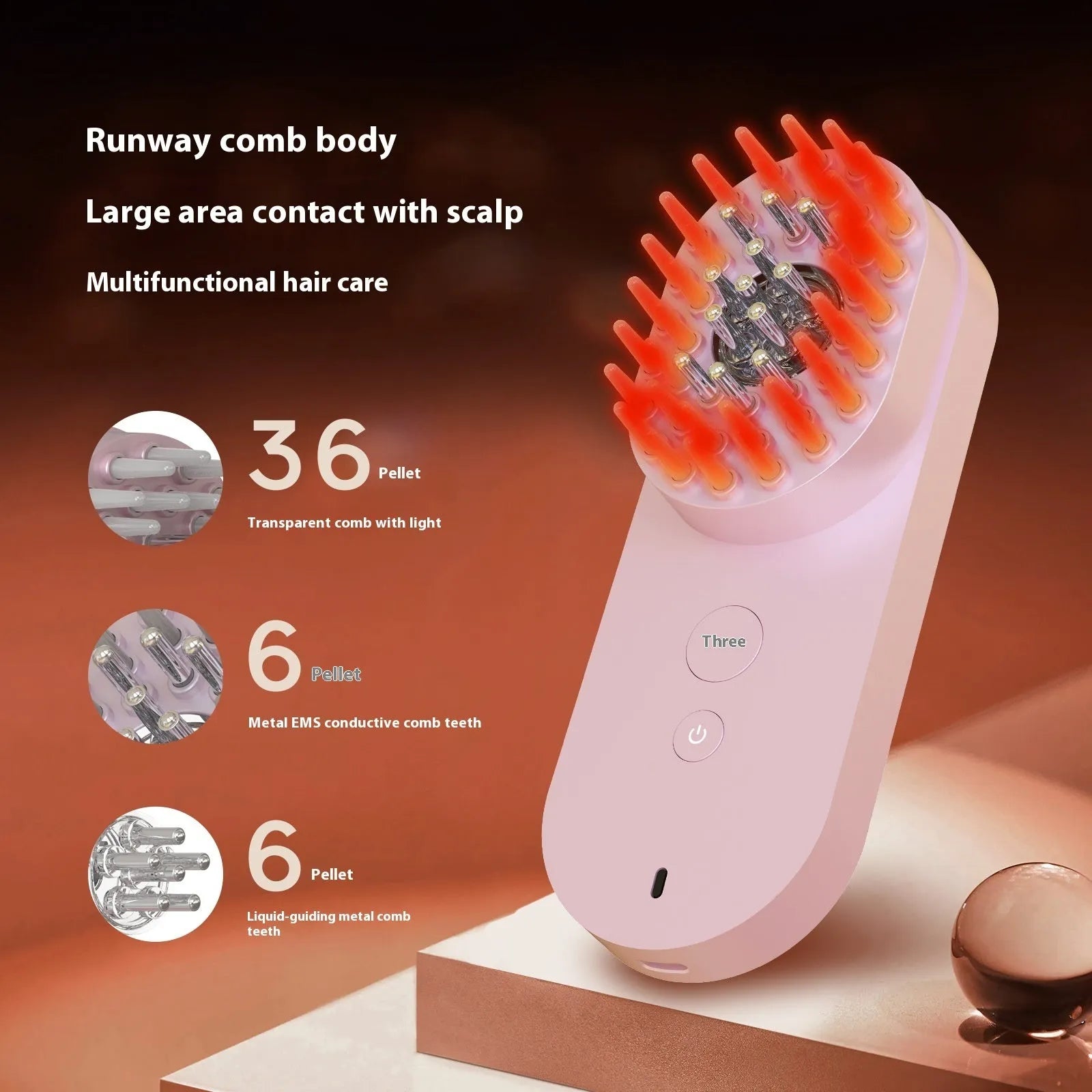 Smart massage comb with red LED lights in pink and black colour options showing compact design