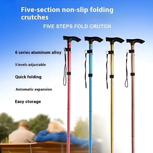 Aluminium folding walking cane extended to show adjustable height and non-slip handle.