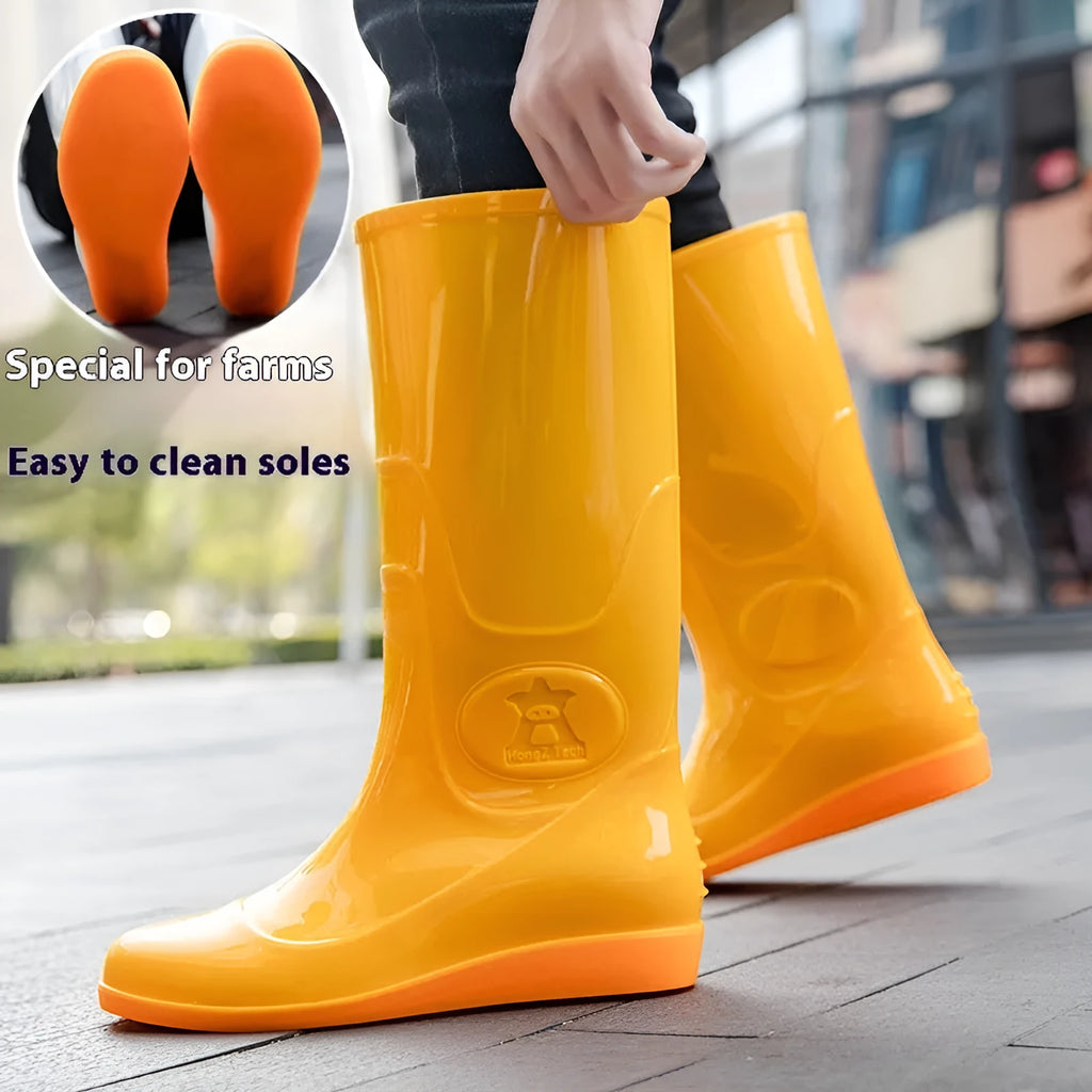 Men's white plastic rain boots with high tube design and flat heel for waterproof labour protection