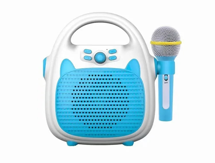 Bluetooth kids karaoke machine with microphone, phone holder, LED disco lights, blue and pink options