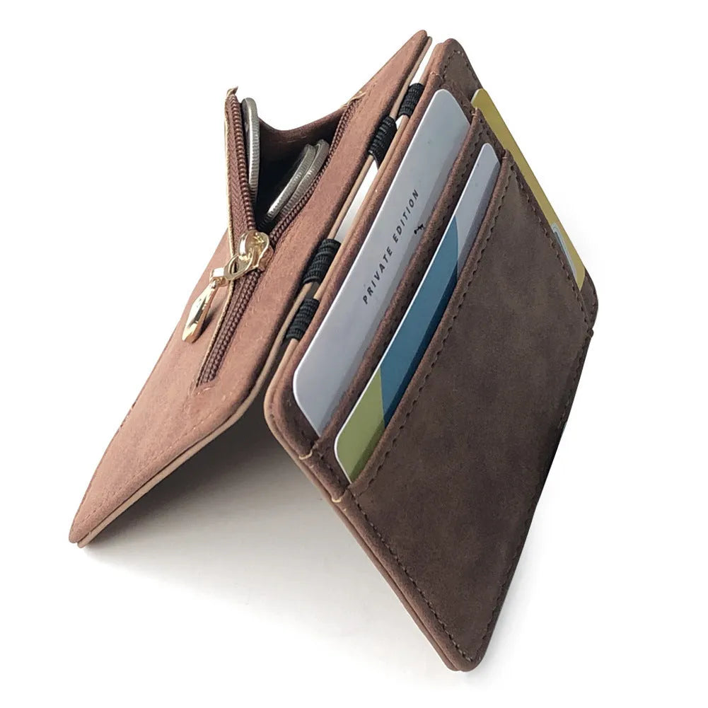 Korean style matte leather magic wallet showing horizontal square shape and sewing line detailing