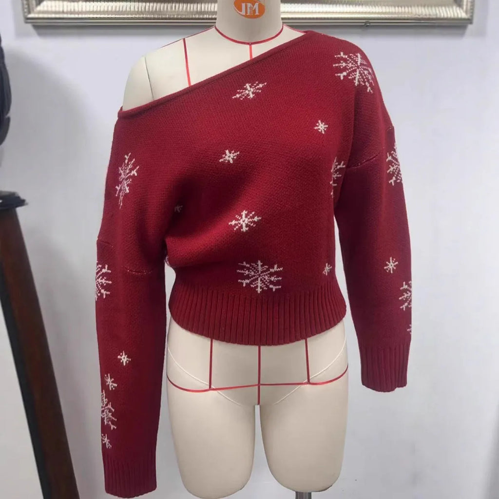 Women's snowflake jacquard pullover Christmas sweater in red with crocheted flowers and boat neck