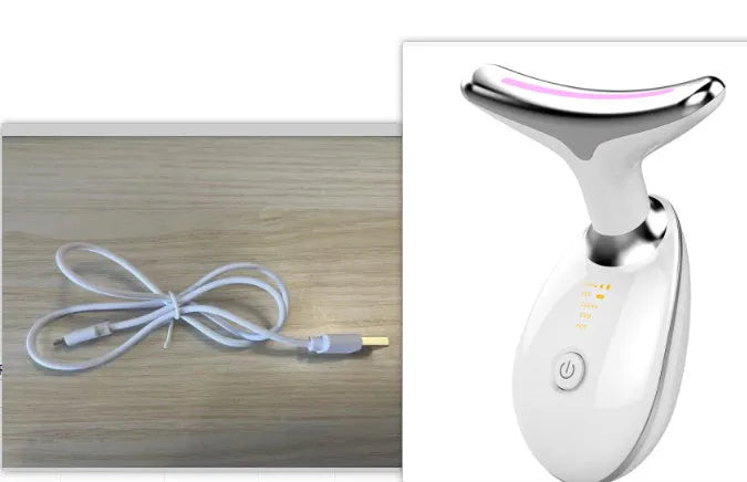 Black and silver EMS thermal neck lifting massager with LED lights for skin tightening and wrinkle reduction.