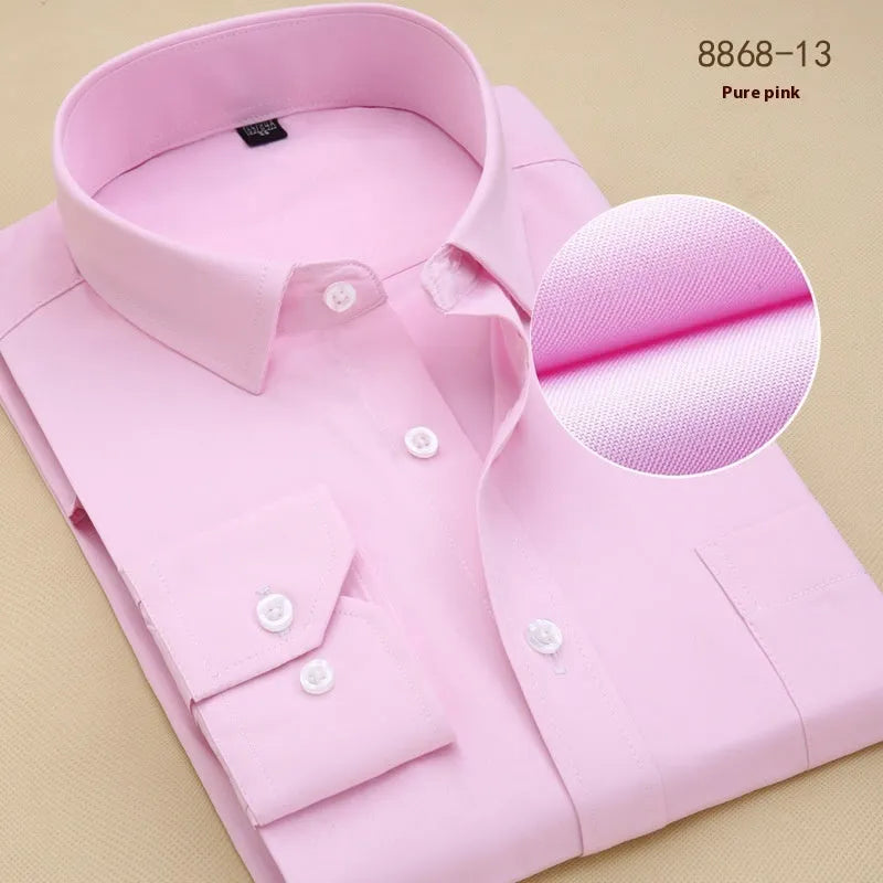 Men's black slim fit long sleeve cotton shirt for business, shown on a hanger.