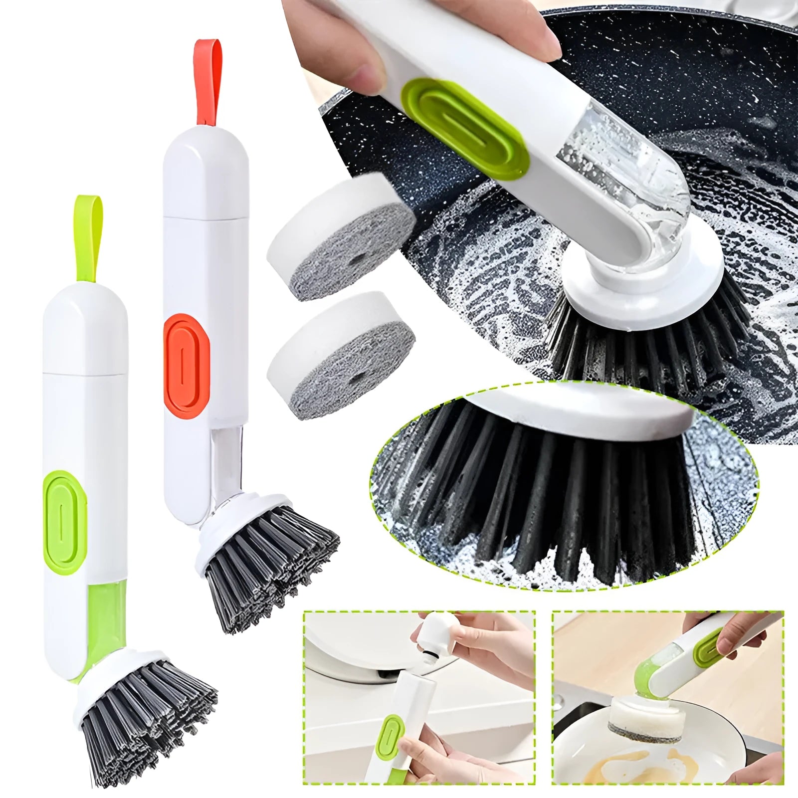 White and green liquid-filled cleaning brush with soap dispenser handle and two brush heads for kitchen cleaning