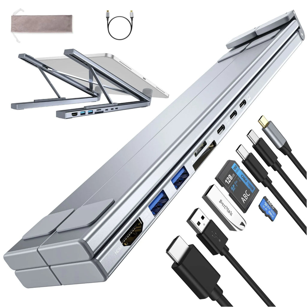 Folding aluminum alloy laptop stand with integrated 8-in-1 docking hub and HDMI ports.