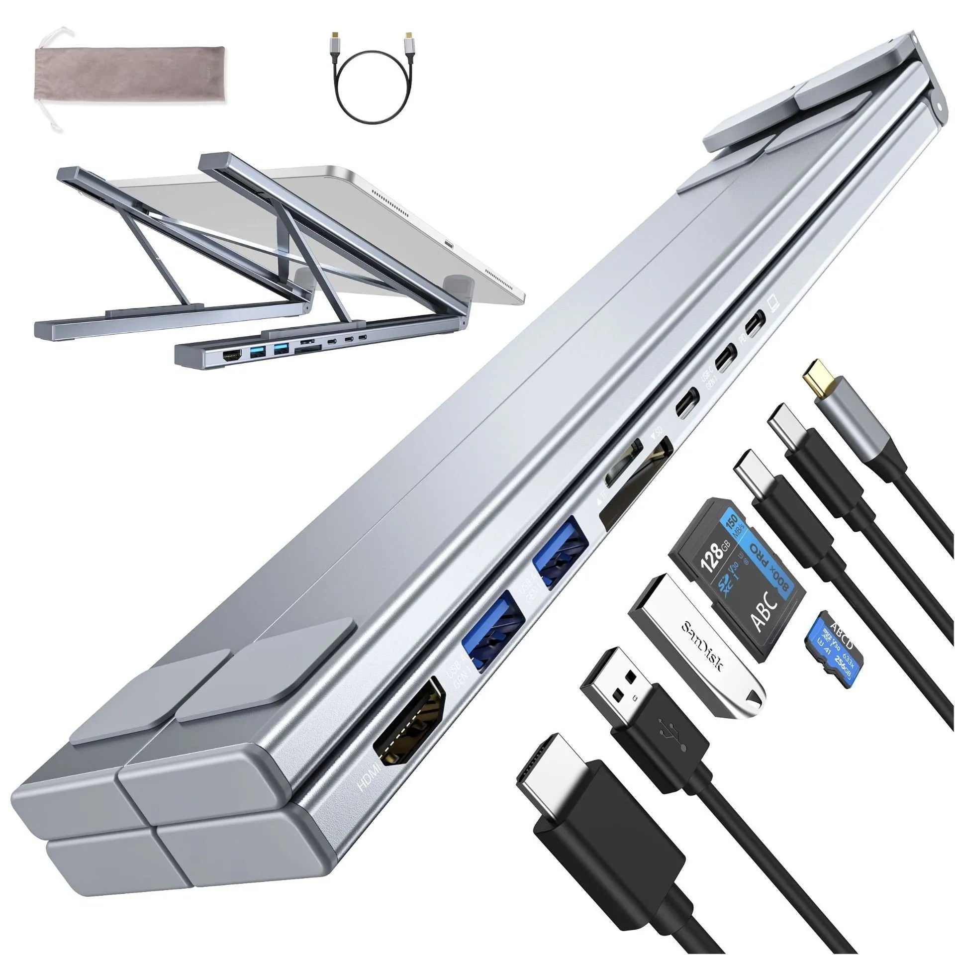 Folding aluminum alloy laptop stand with integrated 8-in-1 docking hub and HDMI ports.