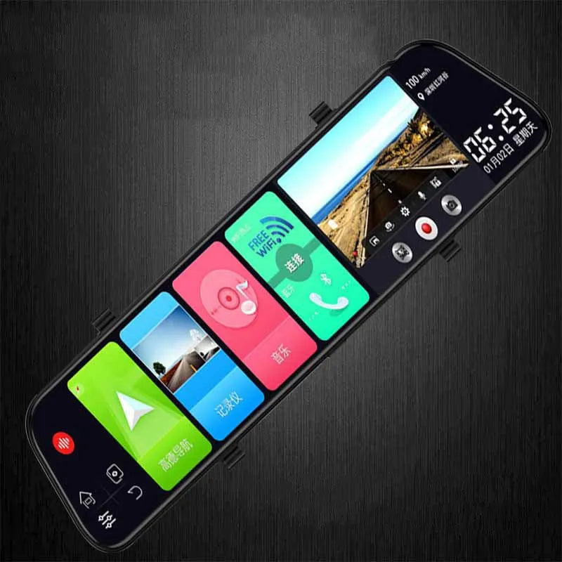 12-inch rearview mirror tachograph with touchscreen display and dual lens camera system