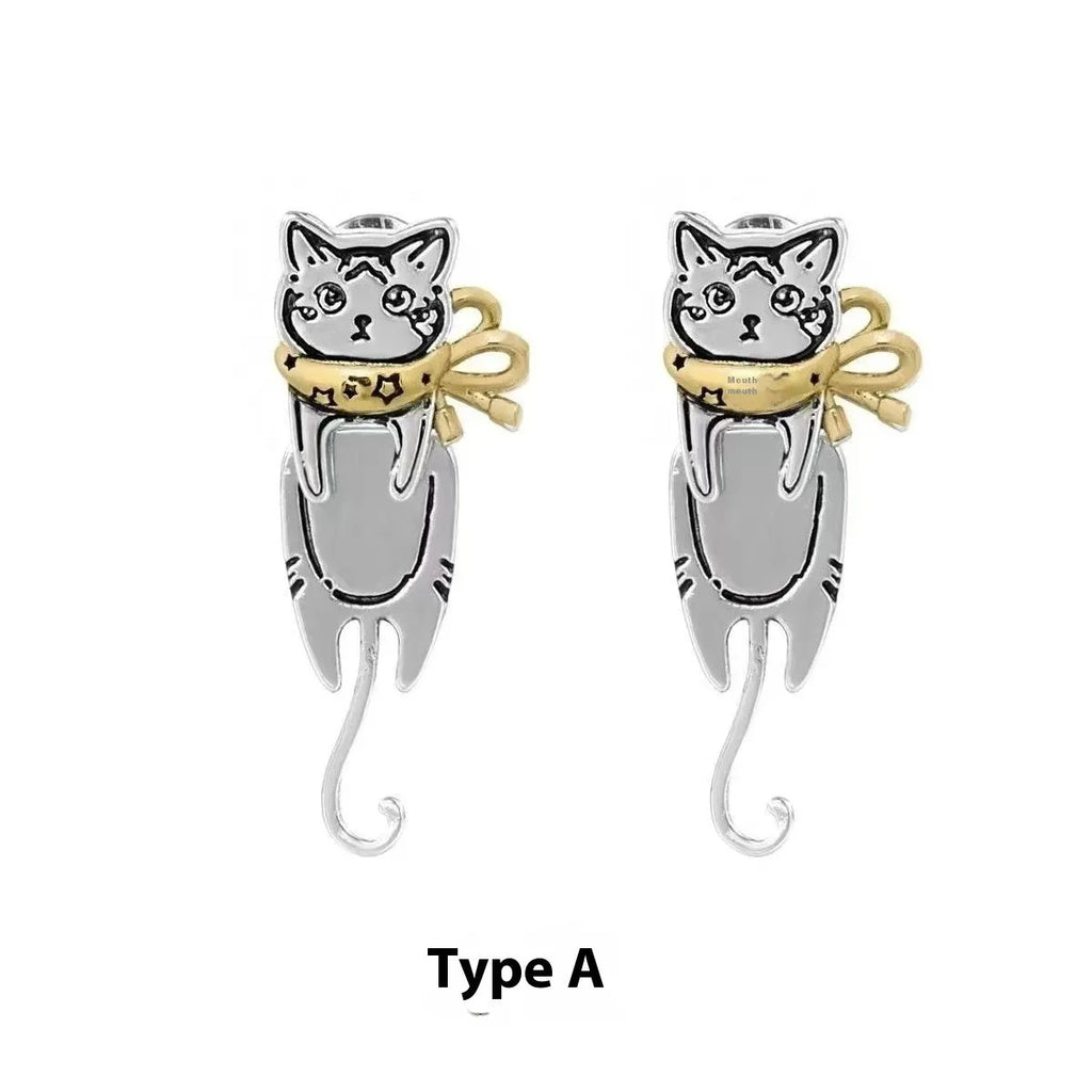 Graffiti cat earrings in copper with original niche sweet cool design and animal zodiac motif