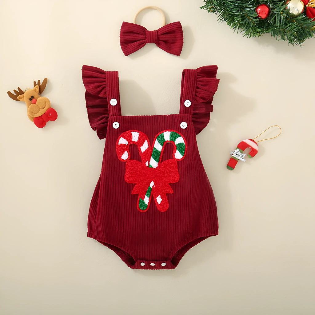 Infant and toddler red Christmas embroidered winged triangle romper in cotton, sleeveless, suitable for 70cm to 100cm height