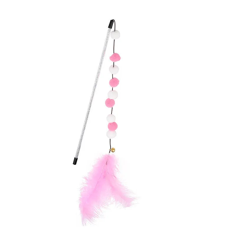 31cm cat teaser interactive toy rod with bell and pompon feather attachments in four colour options