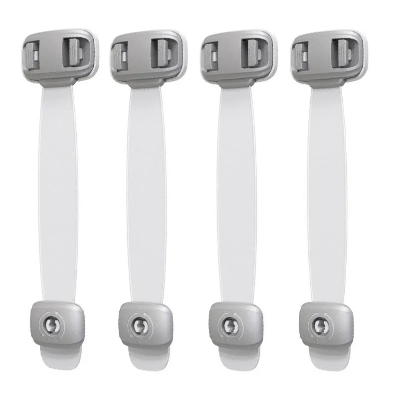 Grey and green adjustable strap child safety lock for cabinets and drawers with adhesive backing
