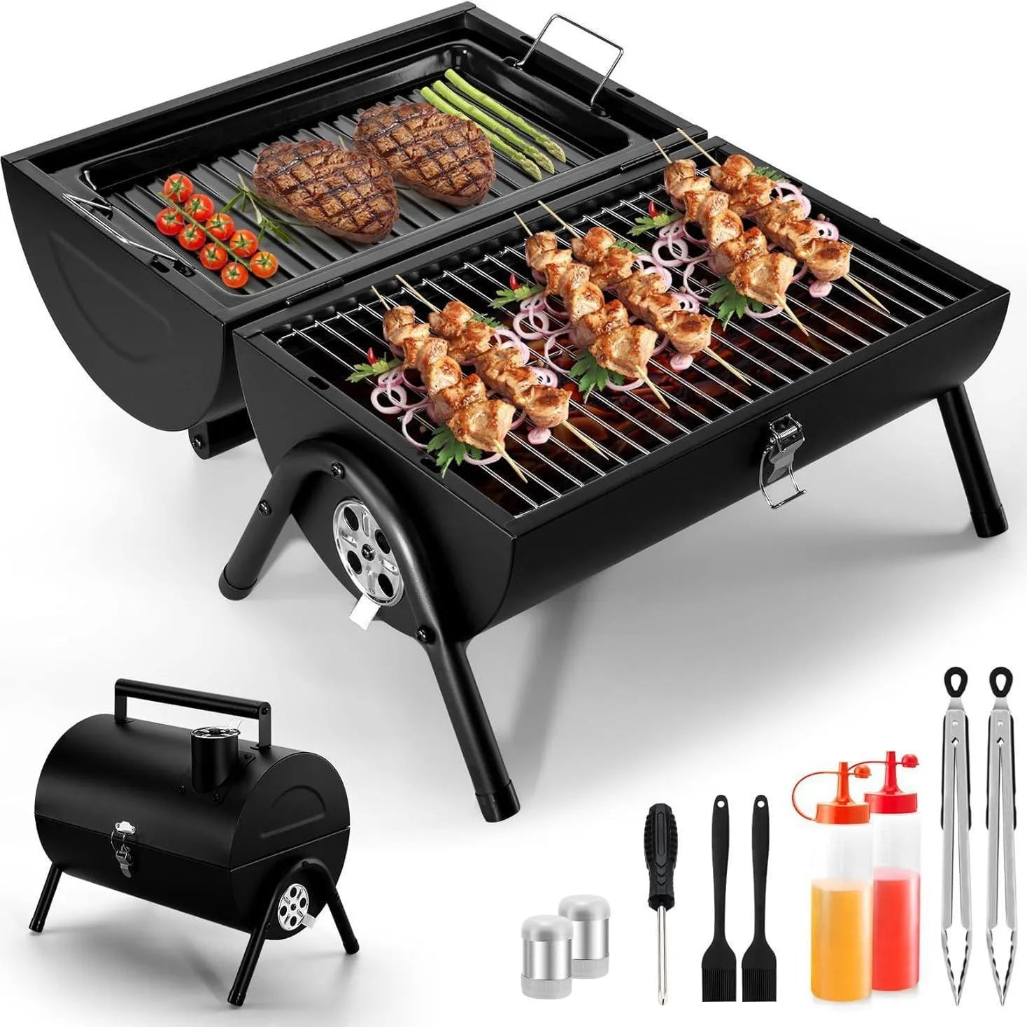 Small black folding desktop charcoal barbecue grill with a metal cooking grate.