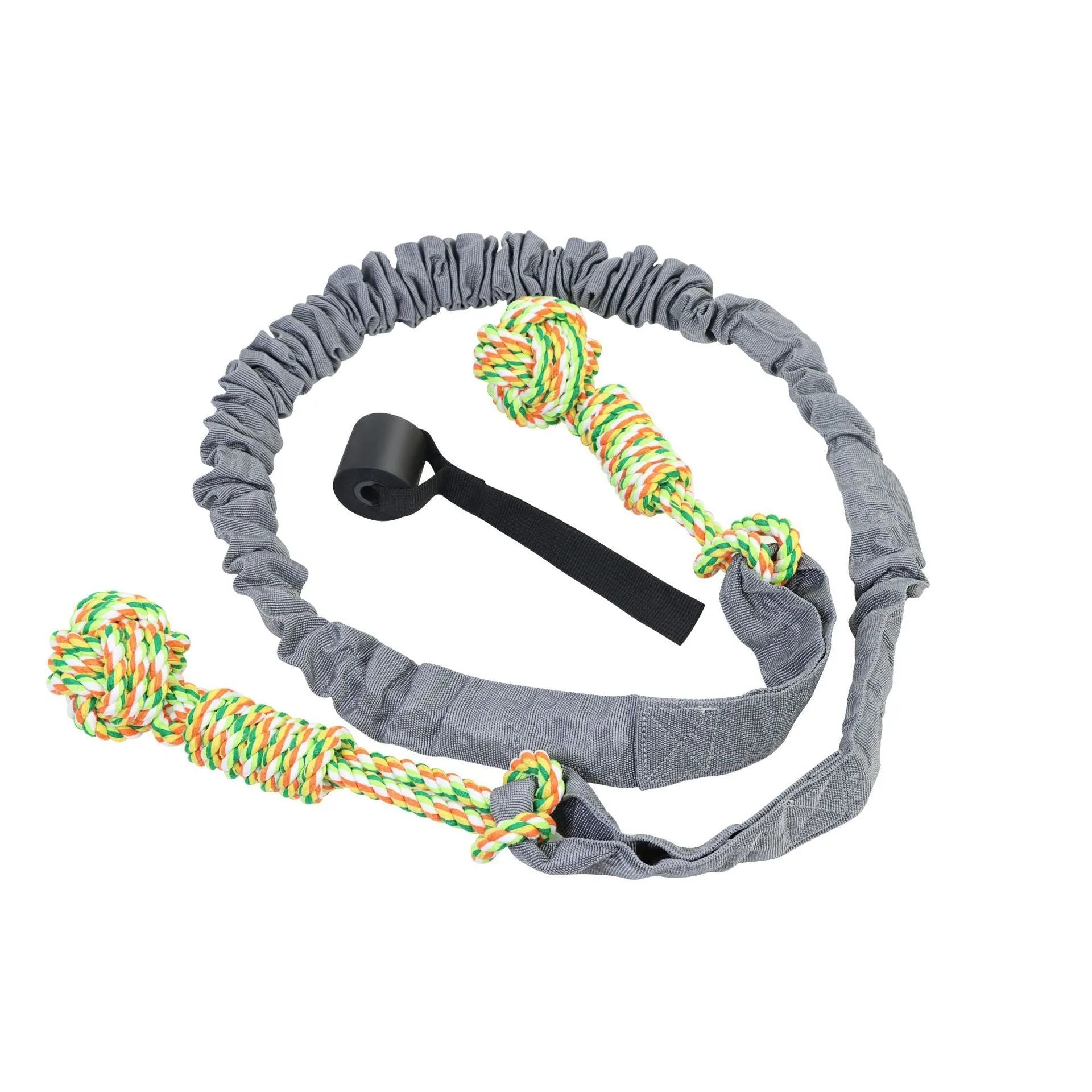 Woven cotton dog tug-of-war rope toy shown in grey, suitable for interactive play.