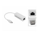 White USB to RJ45 Ethernet network adapter with micro USB connector and LED indicator