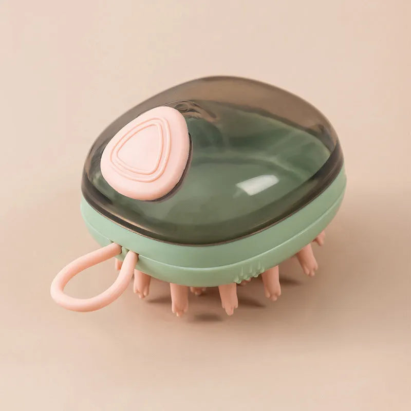 Blue pet bath brush with silicone bristles and shampoo dispenser in handle