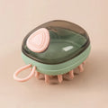 Blue pet bath brush with silicone bristles and shampoo dispenser in handle