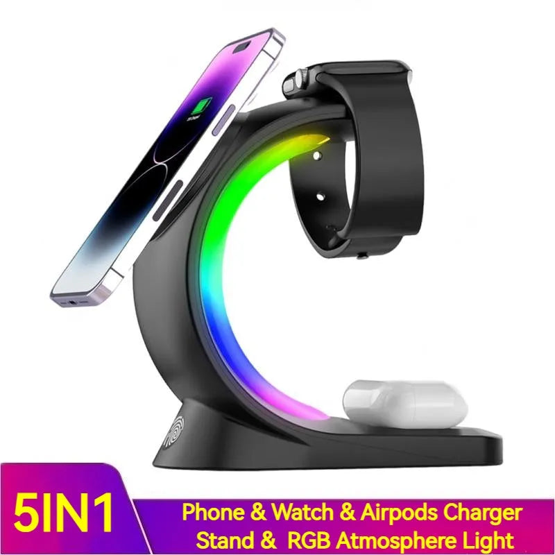 4 in 1 magnetic wireless charger fast charging station with RGB atmosphere light for iPhone AirPods Watch in black and white