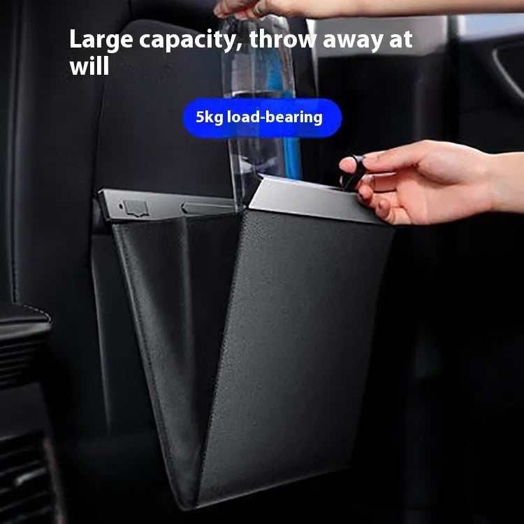 Car leather waterproof hanging garbage bag 27.5x26cm in black with light strip, shown inside a vehicle door pocket