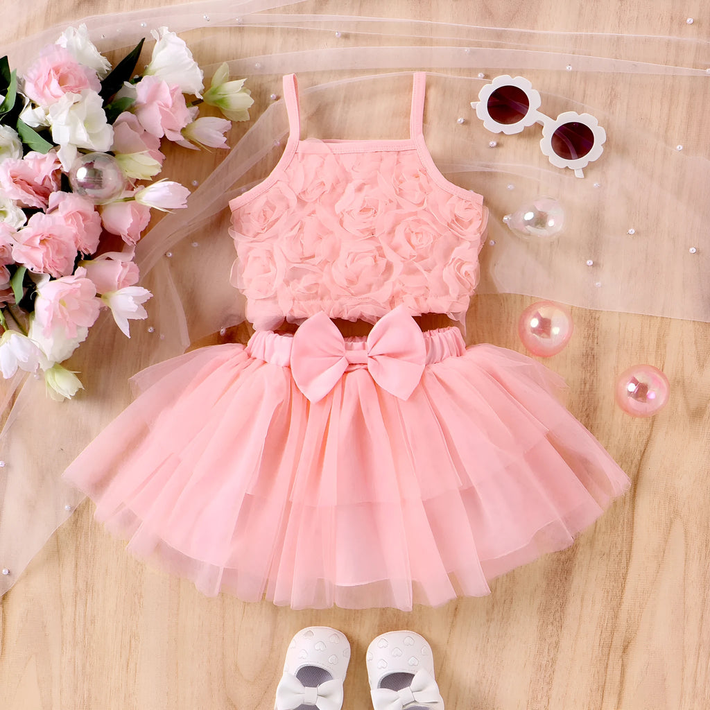 Pink floral strappy bow mesh cotton skirt suit set for baby girls with top and skirt