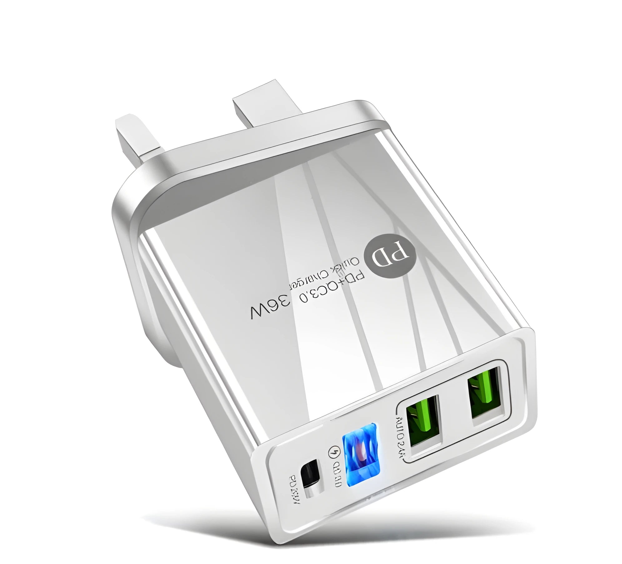 Black and white dual USB travel charger with international plug options showing indicator light