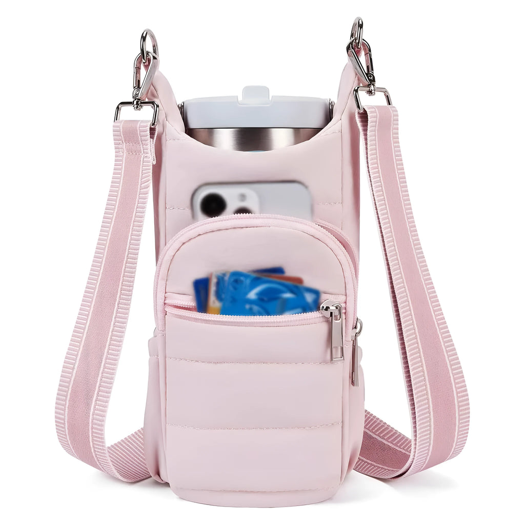Cloth bicycle water bottle bag in modern minimalist style showing black, pink and beige colour options