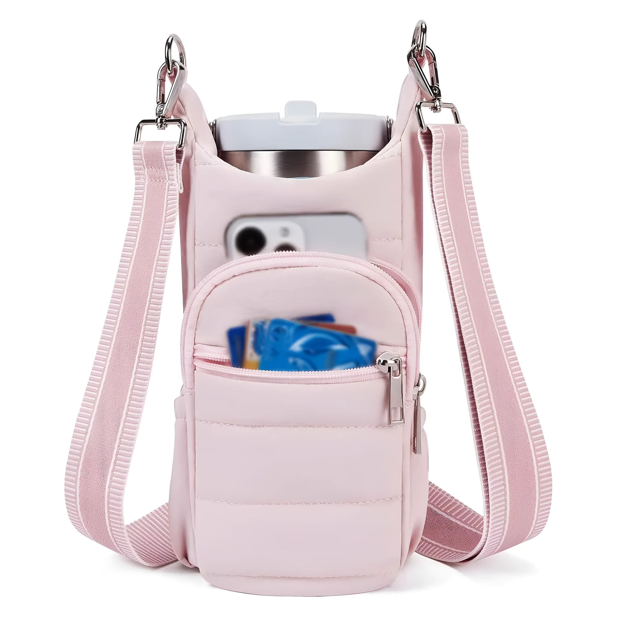Cloth bicycle water bottle bag in modern minimalist style showing black, pink and beige colour options